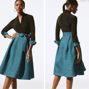 Joseph Ribkoff Jacquard Belted Teal A-Line Dress Party Formal Sz 2